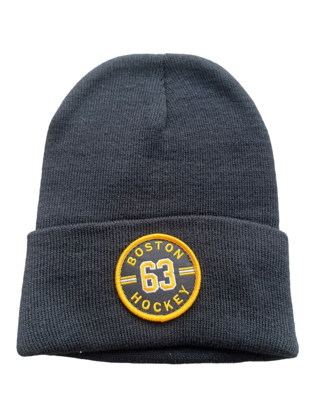 Beechfield Beanie Hat One Size Boston Hockey 63 Circle Patch Black Yellow Knit